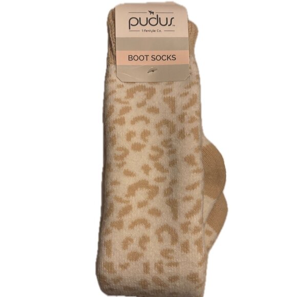 Pudus Knee-High Boot Socks Tan Cream Cheetah Sustainably Made, Recycled Plastic - Picture 1 of 2